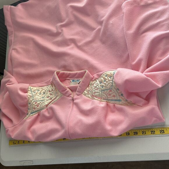 Vintage Womens Night Gown Medium Pink Zip Up Pocket Retro 70s Housecoat Long - Picture 9 of 10